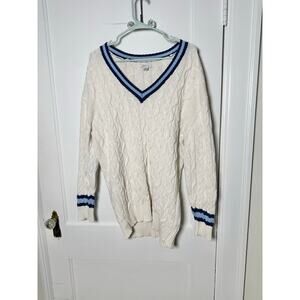 American Eagle White Cable Knit Tennis Preppy Striped Oversized Sweater Large